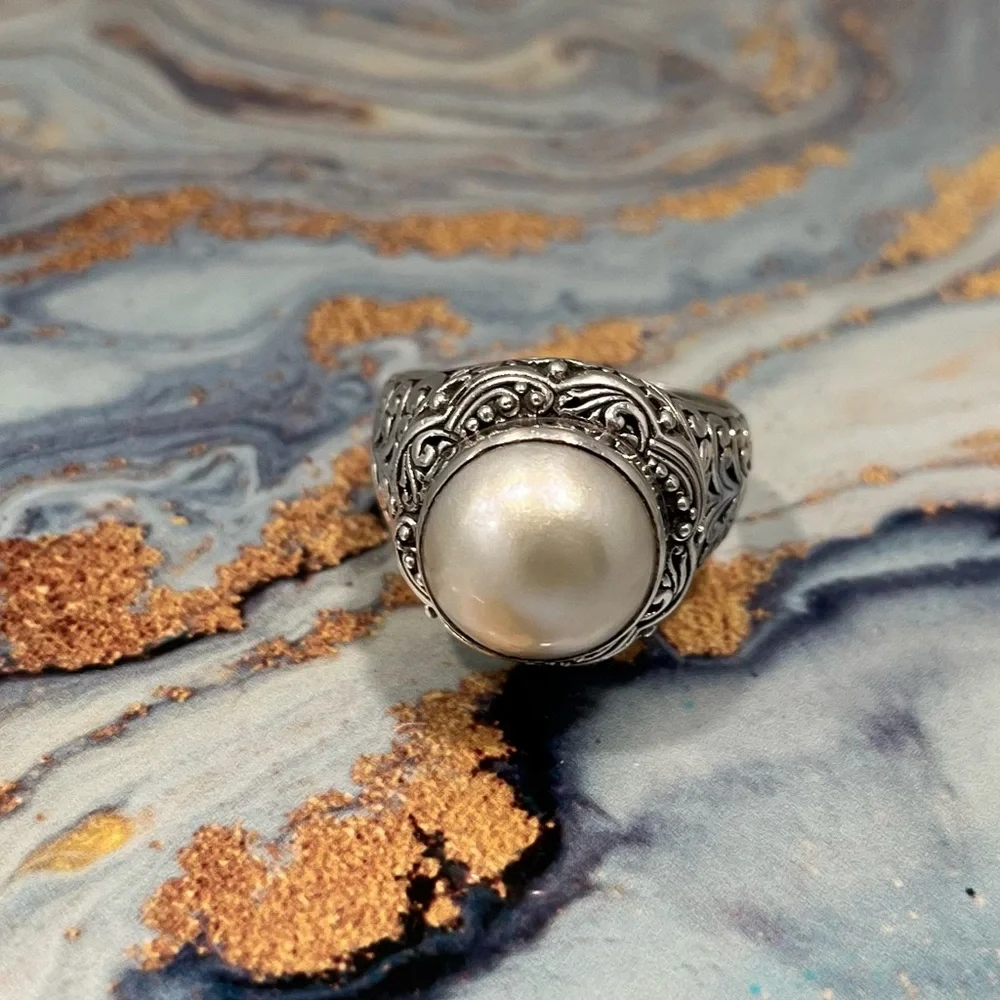 SARDA White Mabe Pearl ring size 10 designer Sterling Silver ring